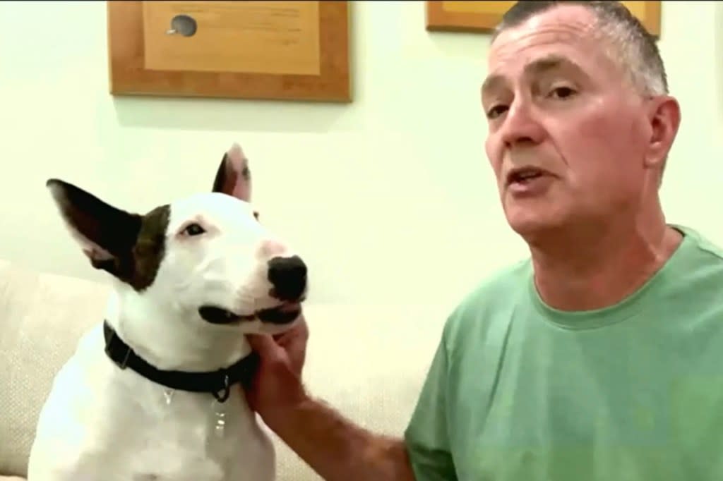 Trooper with his new owner Frank Spina after he was adopted following his rescue. FOX Weather